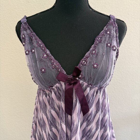 Womens Purple Ribon Trim Sequin Lace Slip L Fairy Babydoll Y2K - Picture 2 of 5